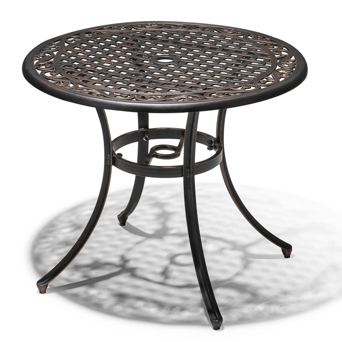 Nuu Garden 36 Inch Patio Dining Table With Umbrella Hole, Outdoor Cast Aluminum Bistro Table, Black With Antique Bronze At The Edge