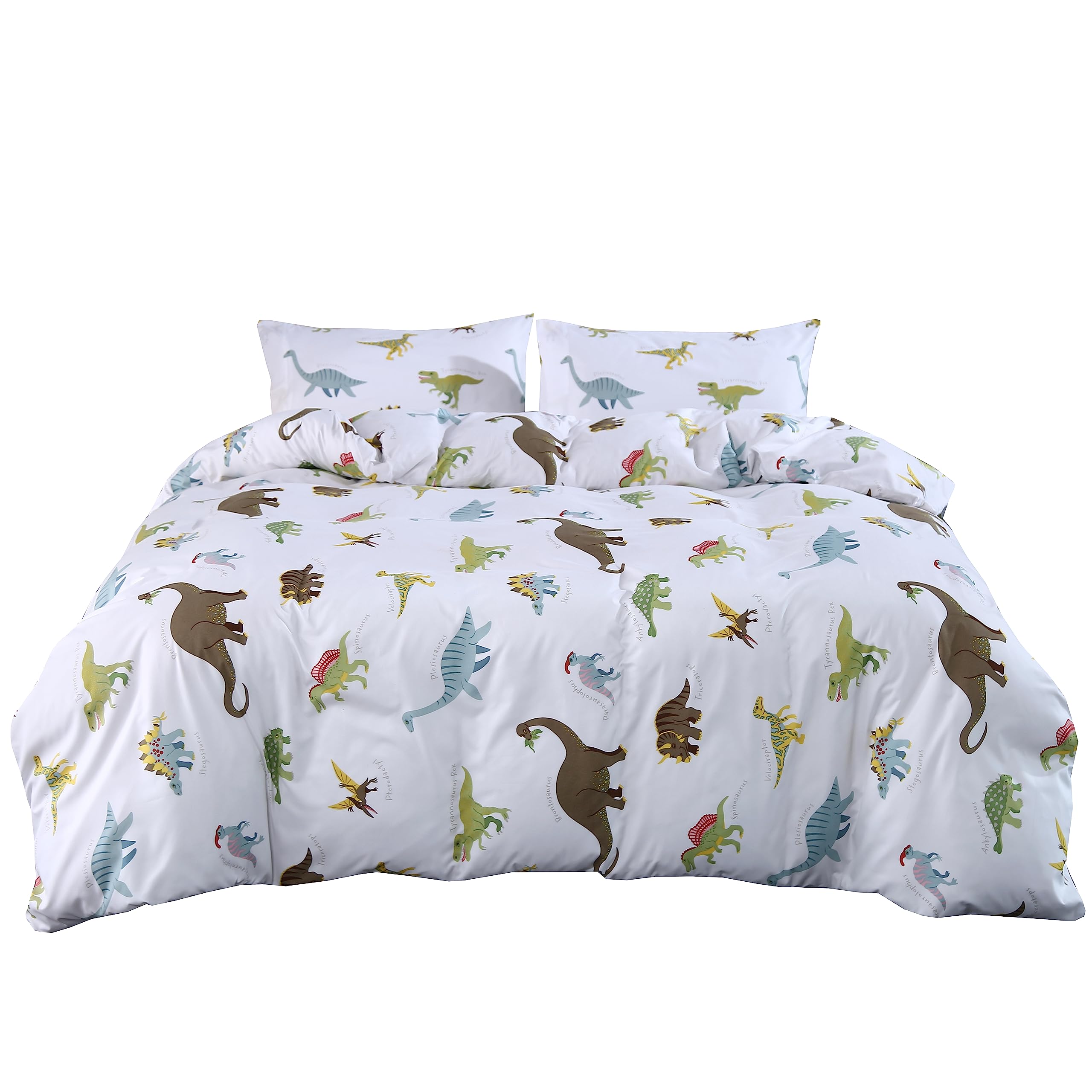 Mag 3Pcs Dinosaur Duvet Cover Set, Colorful Dino Queen Size White Based Duvet Cover Set, For Kids, Toddler, Teens Boys And Girls