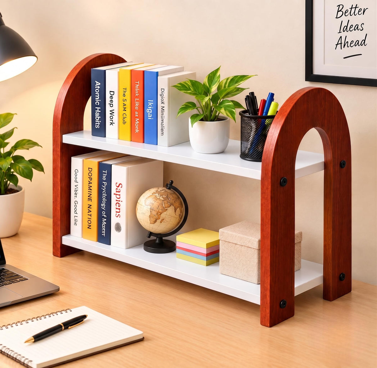 Craftlef Wooden Bookshelf Organizer For Desk, 2 Tier Tabletop Book Rack For Study Table & Office, Sturdy Arch Frame With Storage