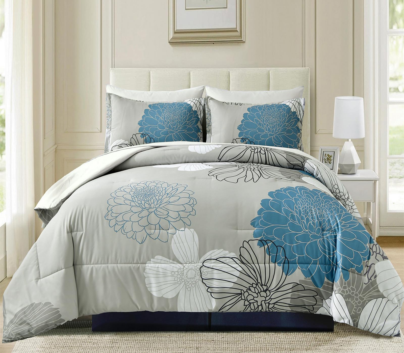 Yiran 7 Pieces Bed In A Bag Blue Floral Comforter Set Queen Size Flowers Comforter Set Soft Microfiber Bedding Set (1 Comforter