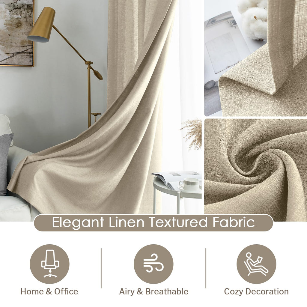 Melodieux Tan Semi Sheer Curtains 72 Inches Long For Bedroom, Living Room Linen Look Privacy Window Rod Pocket Sheer Drapes, 52'