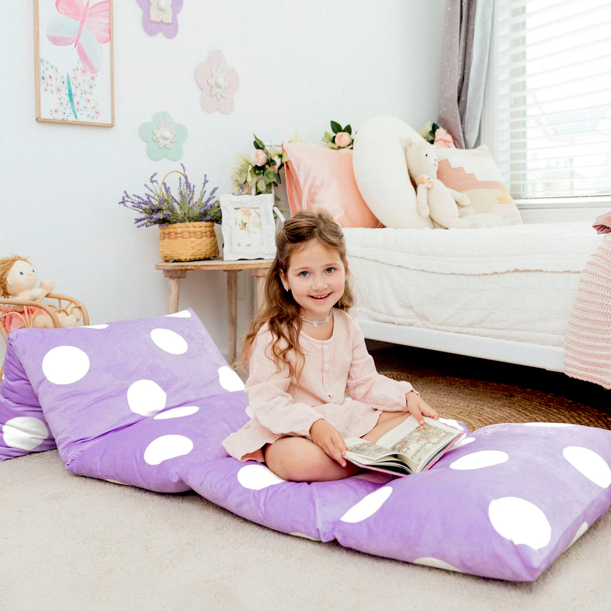 Butterfly Craze Floor Pillow Case, Mattress Bed Lounger Cover, Polka Purple, Queen Size - Cozy Seating Solution For Kids & Adult