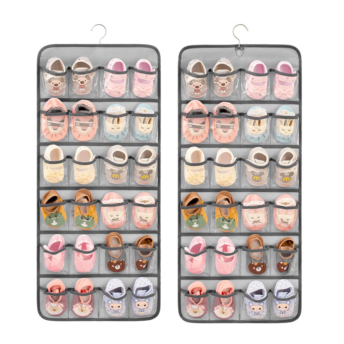 TEMUORG Dualsided Baby Shoe Organizer Closet Hanging Toddler Shoes Storage for Kids Bow Socks Underwear Holder with 48 Clear Po