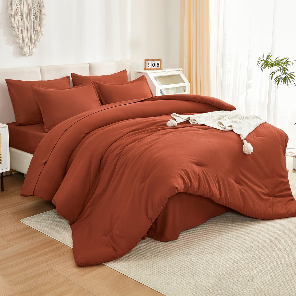 Litanika Burnt Orange Comforter Full Size Set - 7 Pieces Terracotta Bed In A Bag Full Beddding Comforter Sets, Plain Lightweight