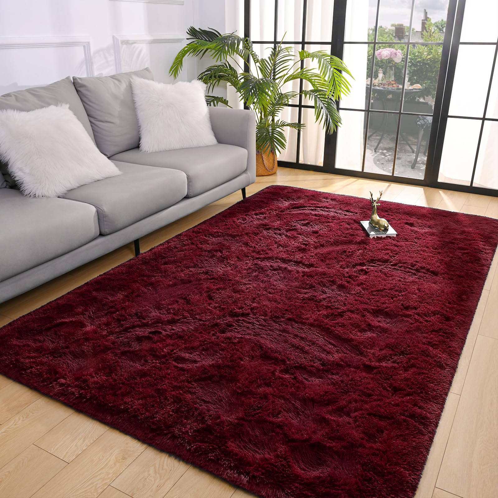 Pettop Fluffy Burgundy Rug For Bedroom Living Room, 3X5 Feet Rectangle Rug Plush Fuzzy Carpet For Girls Kids Boys, Non-Slip And