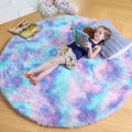 Amdrebio Blue Purple Rainbow Rugs for Girls Bedroom 5x5, Fluffy Round Circle Rug for Kids Room Decor, Cute Kawaii Shaggy Carpet 