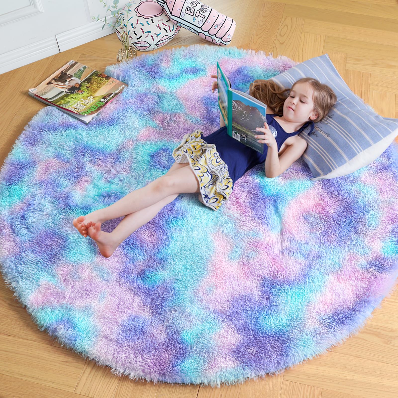 Amdrebio Blue Purple Rainbow Rugs for Girls Bedroom 5x5, Fluffy Round Circle Rug for Kids Room Decor, Cute Kawaii Shaggy Carpet 