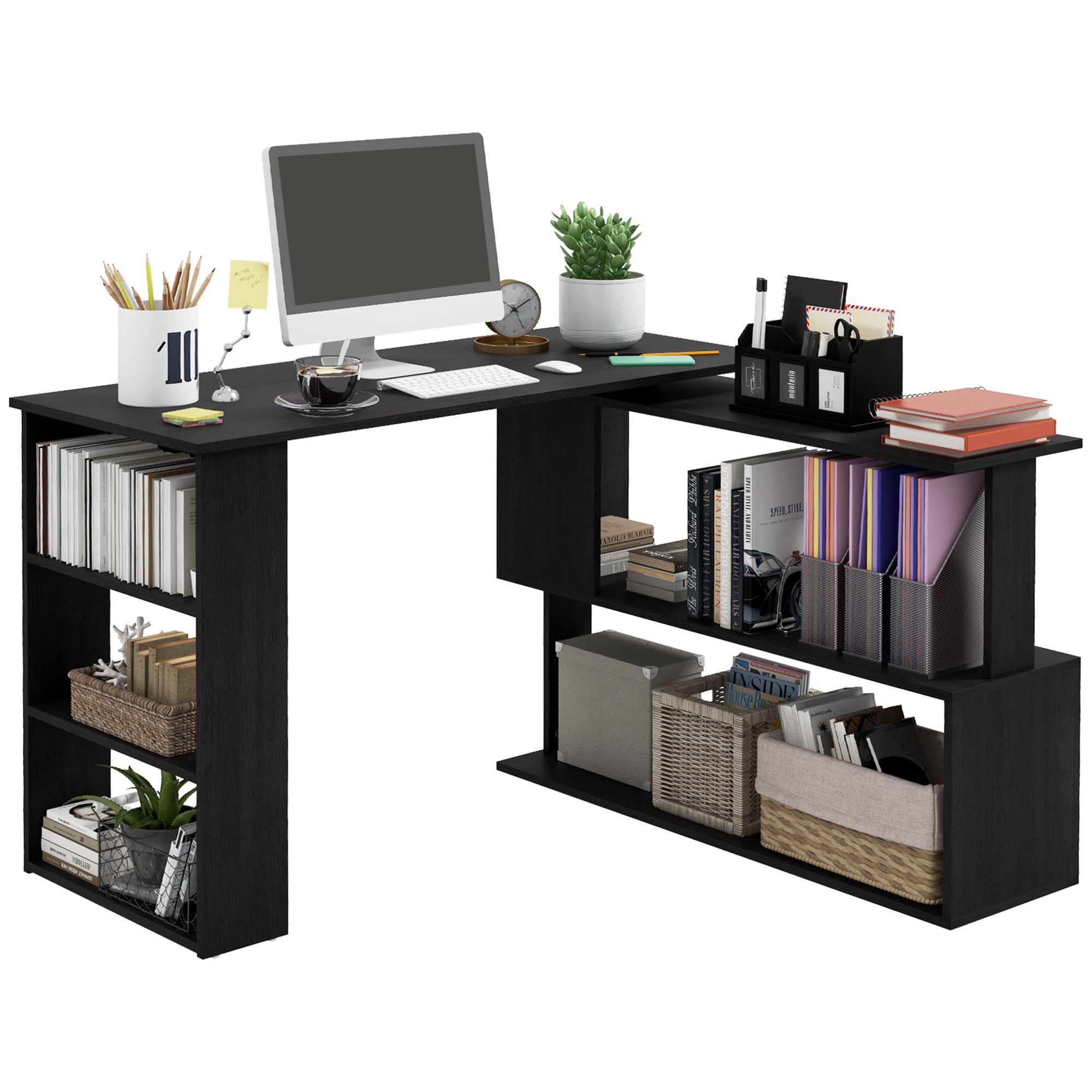 Homcom L Shaped Corner Desk, 360 Degree Rotating Home Office Desk With Storage Shelves, Writing Table Workstation, Black