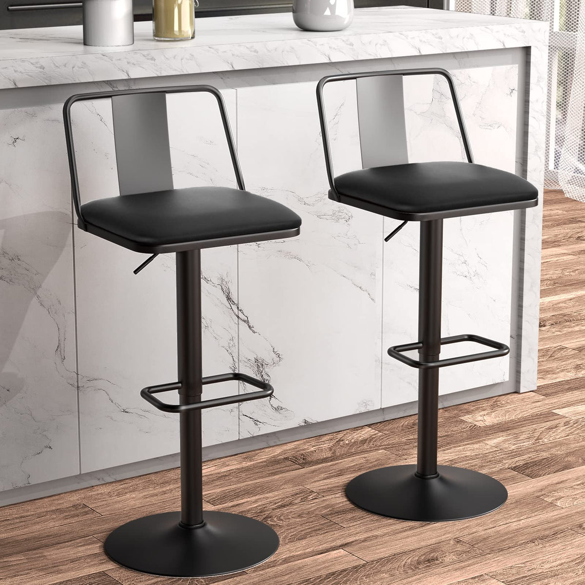 Raynesys Metal Swivel Barstools Set Of 2, Enlarged Pu Leather Seat With Metal Back, Adjustable From 24 To 33 For Counter Height