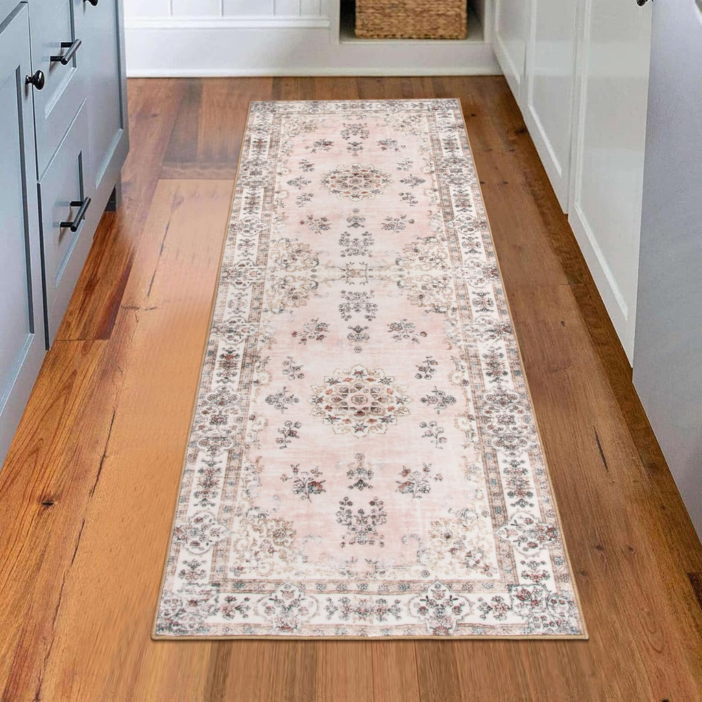 Lahome Machine Washable 2X6 Runner Rug With Rubber Backing,Soft Floral Pink Runners For Nursery, Girl And Kids,Boho Ultra-Thin N