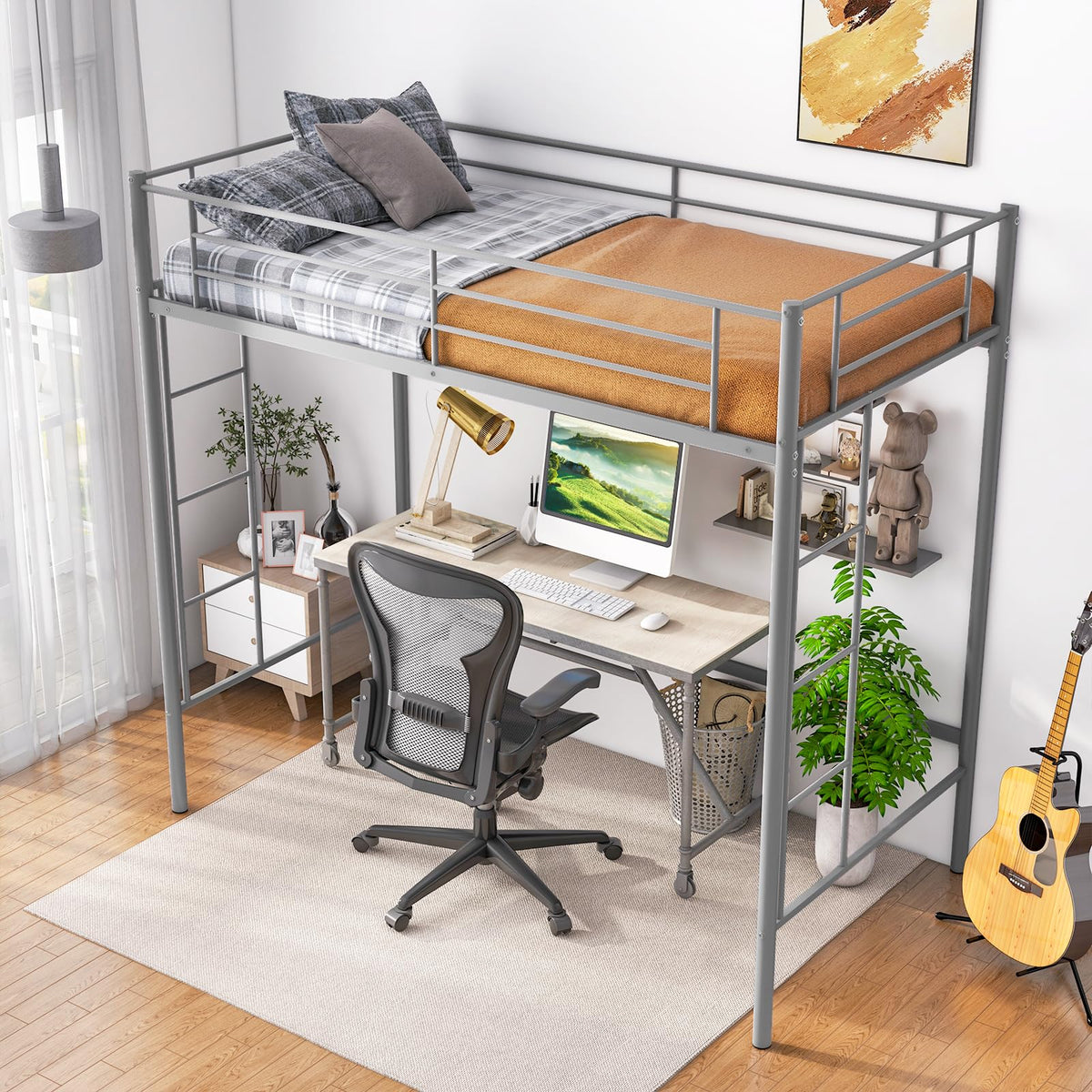 Giantex Metal Loft Bed Twin Size, Heavy Duty Metal Loft Bed Frame With Dual Ladders & Safety Guardrail, No Box Spring Needed, Space-Saving Loft Bed For Juniors Teens Adults (Silver)