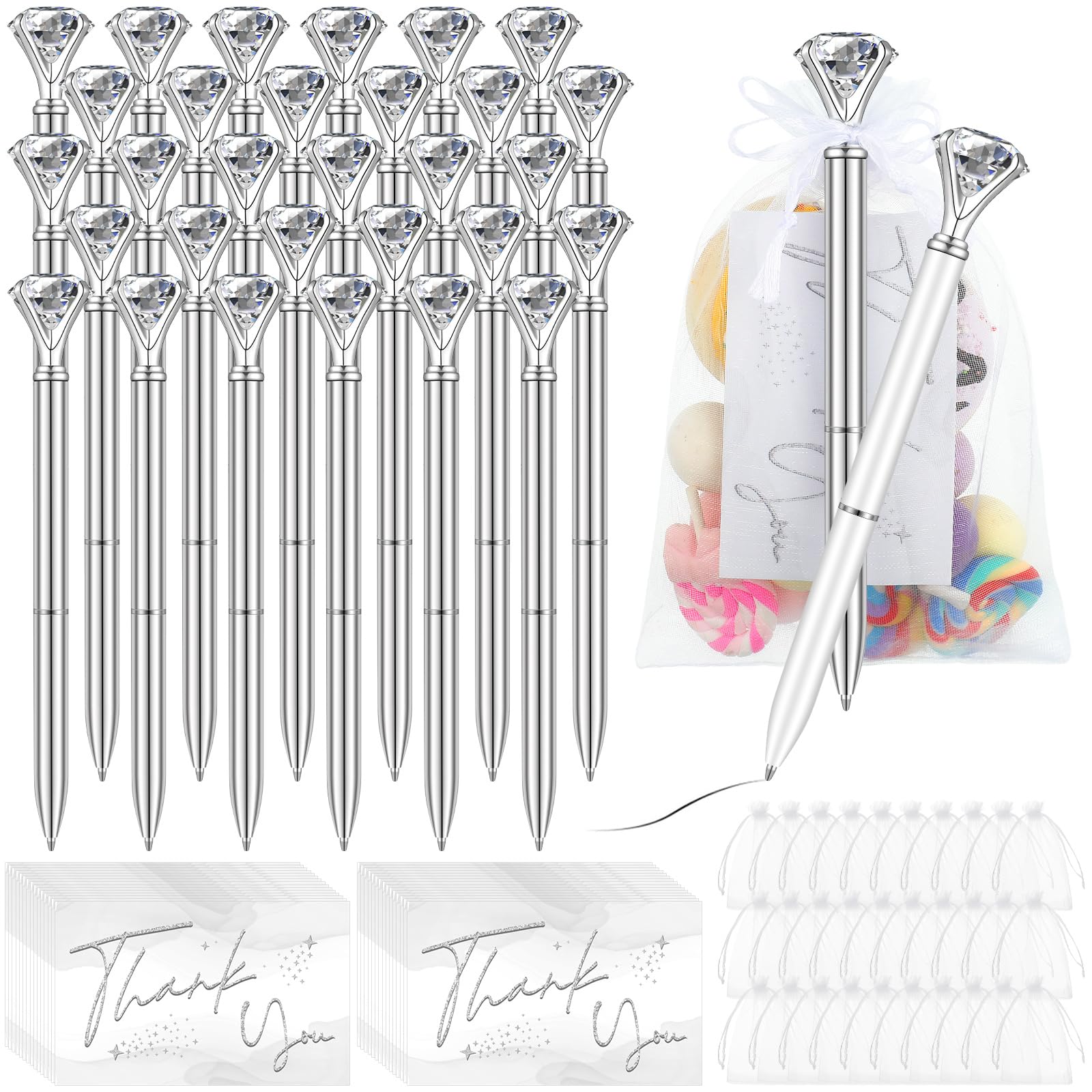 Yeaqee 91 Pcs Bridal Shower Pens Diamond Pen Set 31 Wedding Crystal Pens 30 Organza Bags 30 Cards Bridesmaid Bling Metal Ballpoi