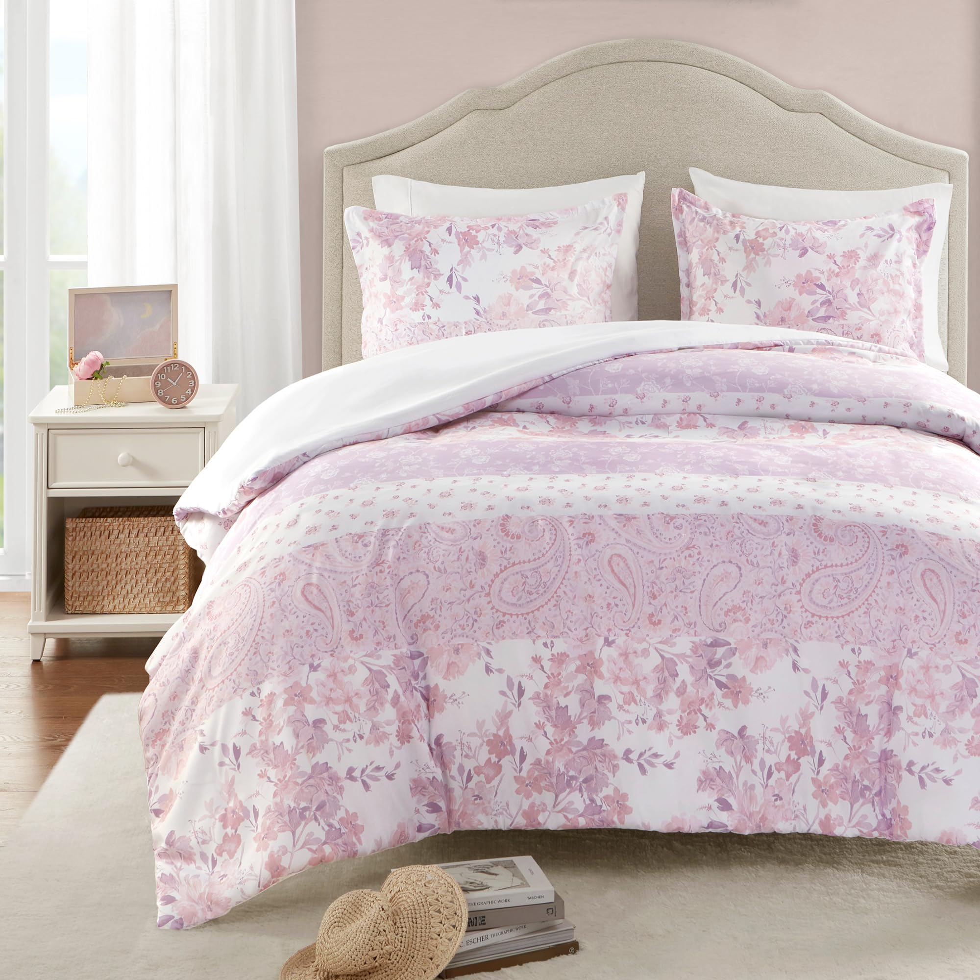 Intelligent Design Queen Duvet Cover Set, Romantic Floral & Paisley, Solid Reverse, All Seasons Soft Microfiber Lightweight & Br