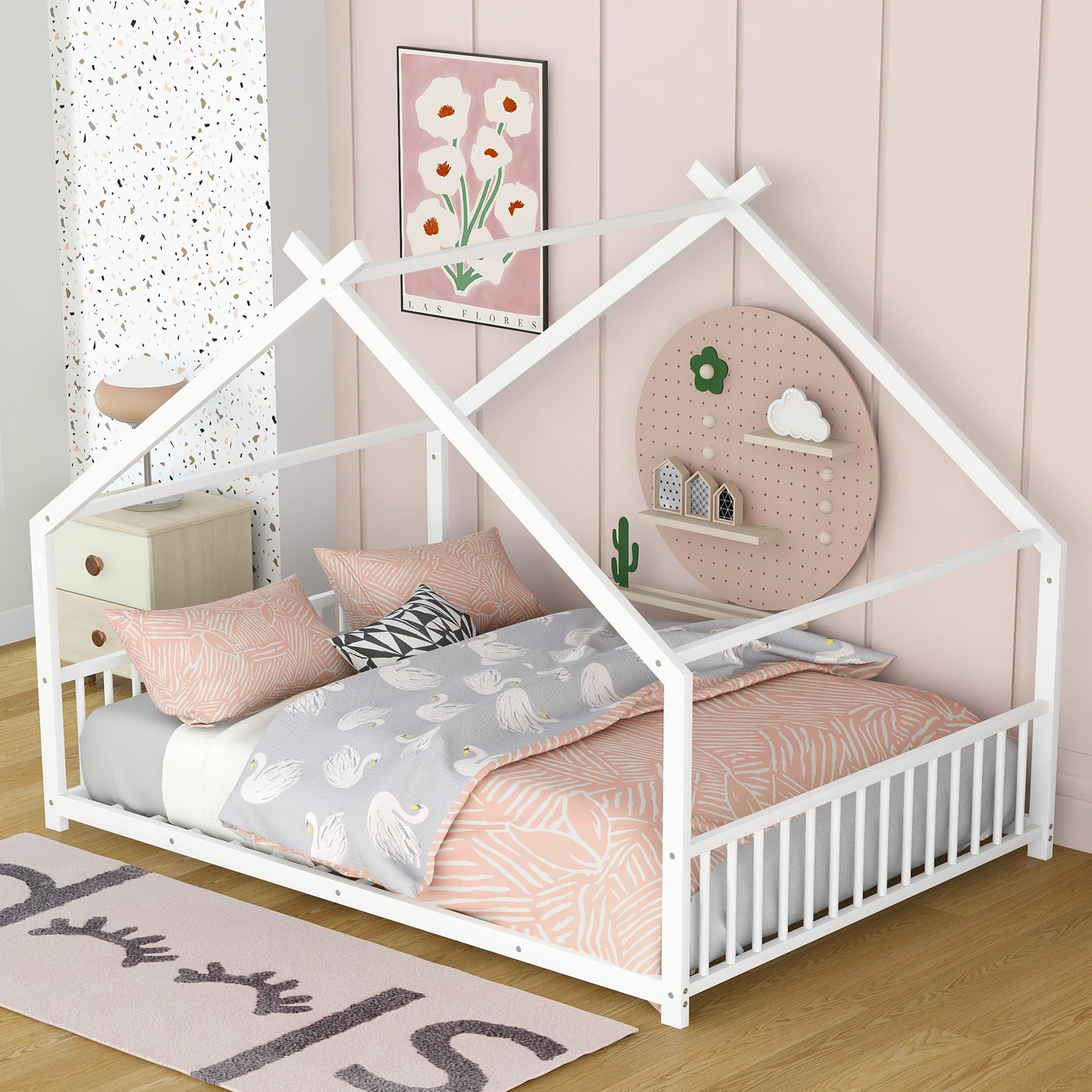 House Platform Bed Full Size, Full Size House Bed with Headboard, Footboard and Slats Support, White