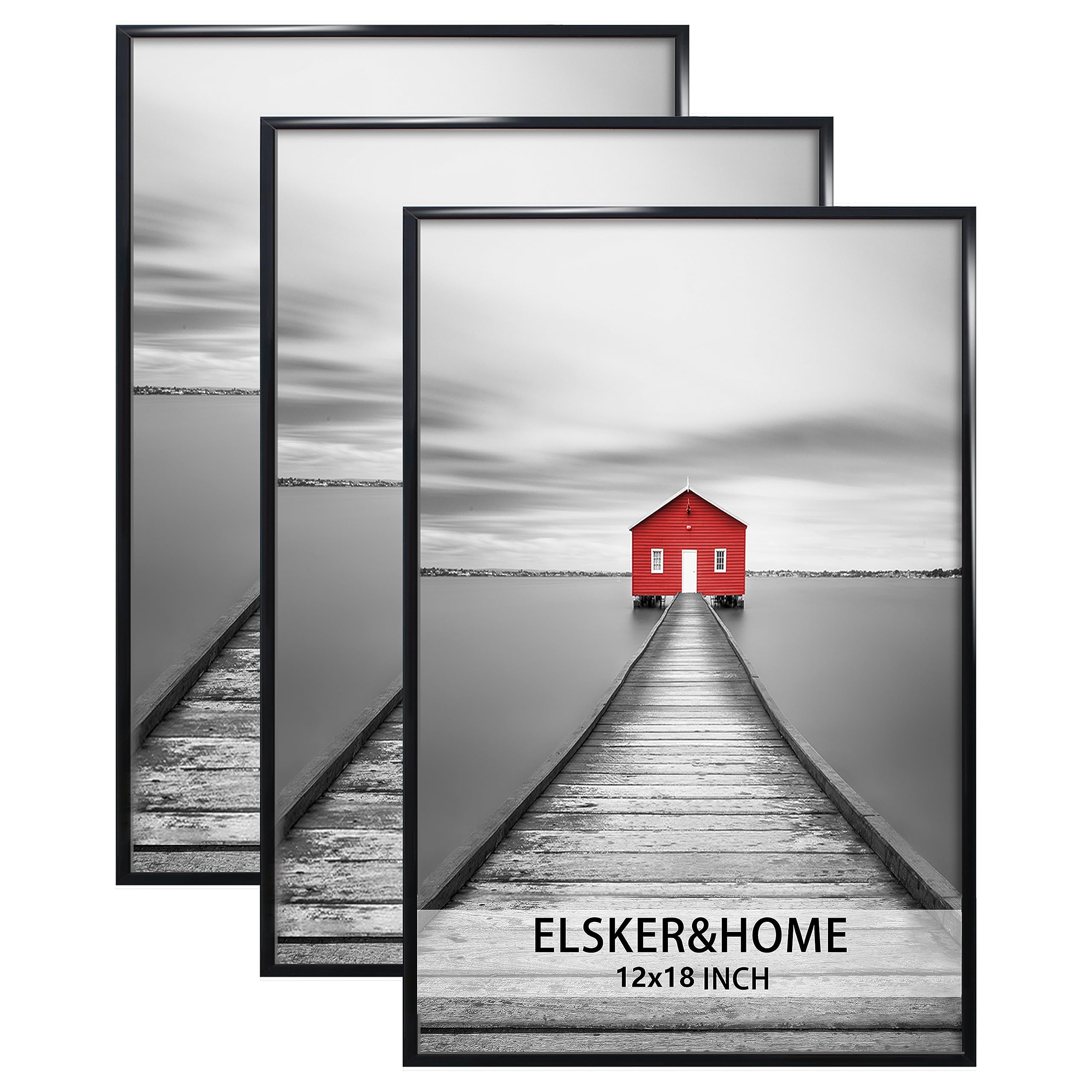 ELSKER&HOME 12x18 Frame 3 Pack, Black 12x18 Poster Frame for Horizontal or Vertical Wall Mounting, Sturdy and Scratch-proof