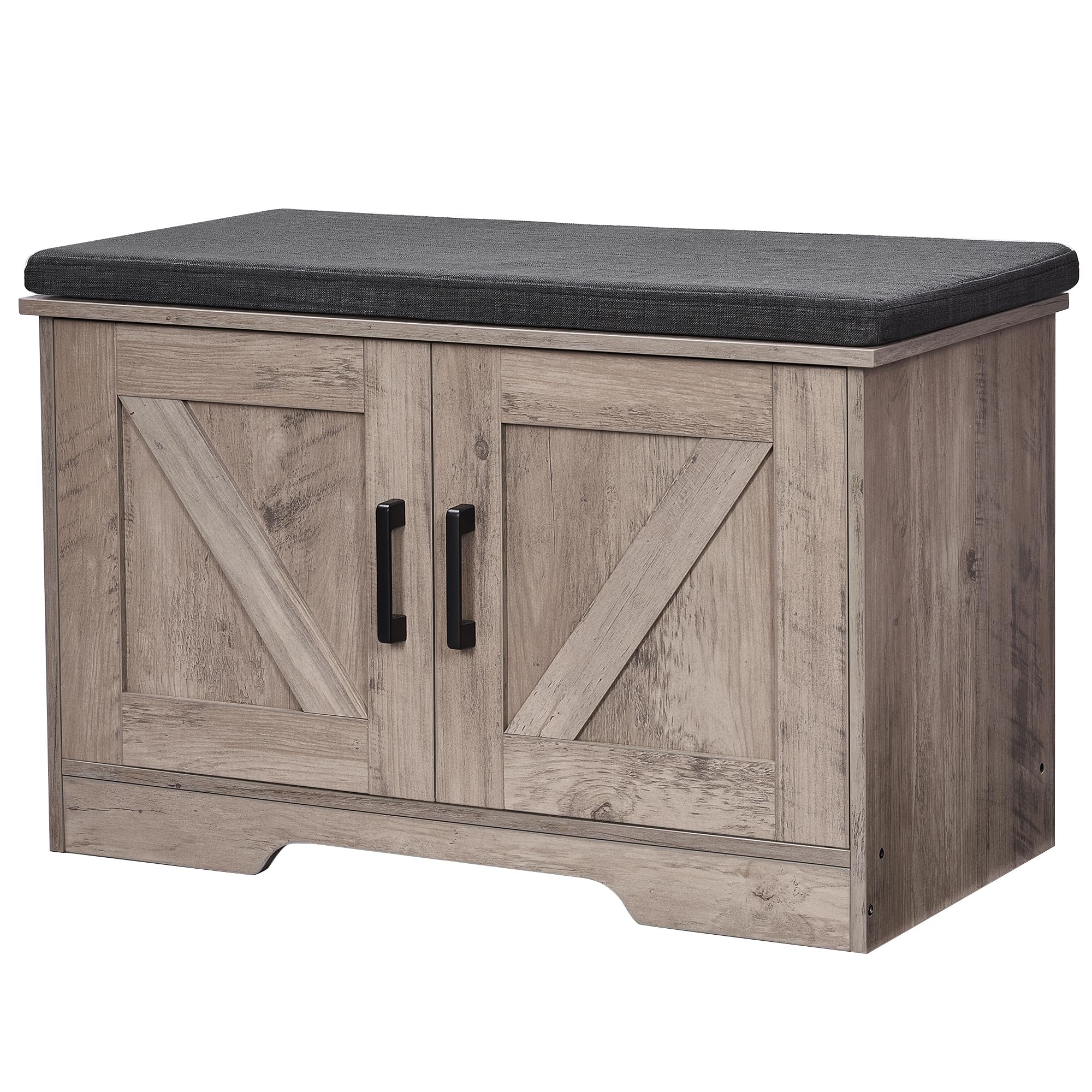 Homsho 2-Tier Storage Bench, Shoe Bench With Padded Seat Cushion, Entryway Bench With 2 Barn Doors, Adjustable Shelf, 13.8' D X 27.6' W X 17.7' H, For Entryway, Living Room, Bedroom, Greige