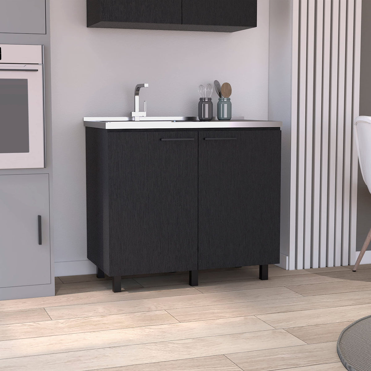 Salento 2 Freestanding Utility Base Cabinet With Stainless Steel Countertop And 2-Door, Black