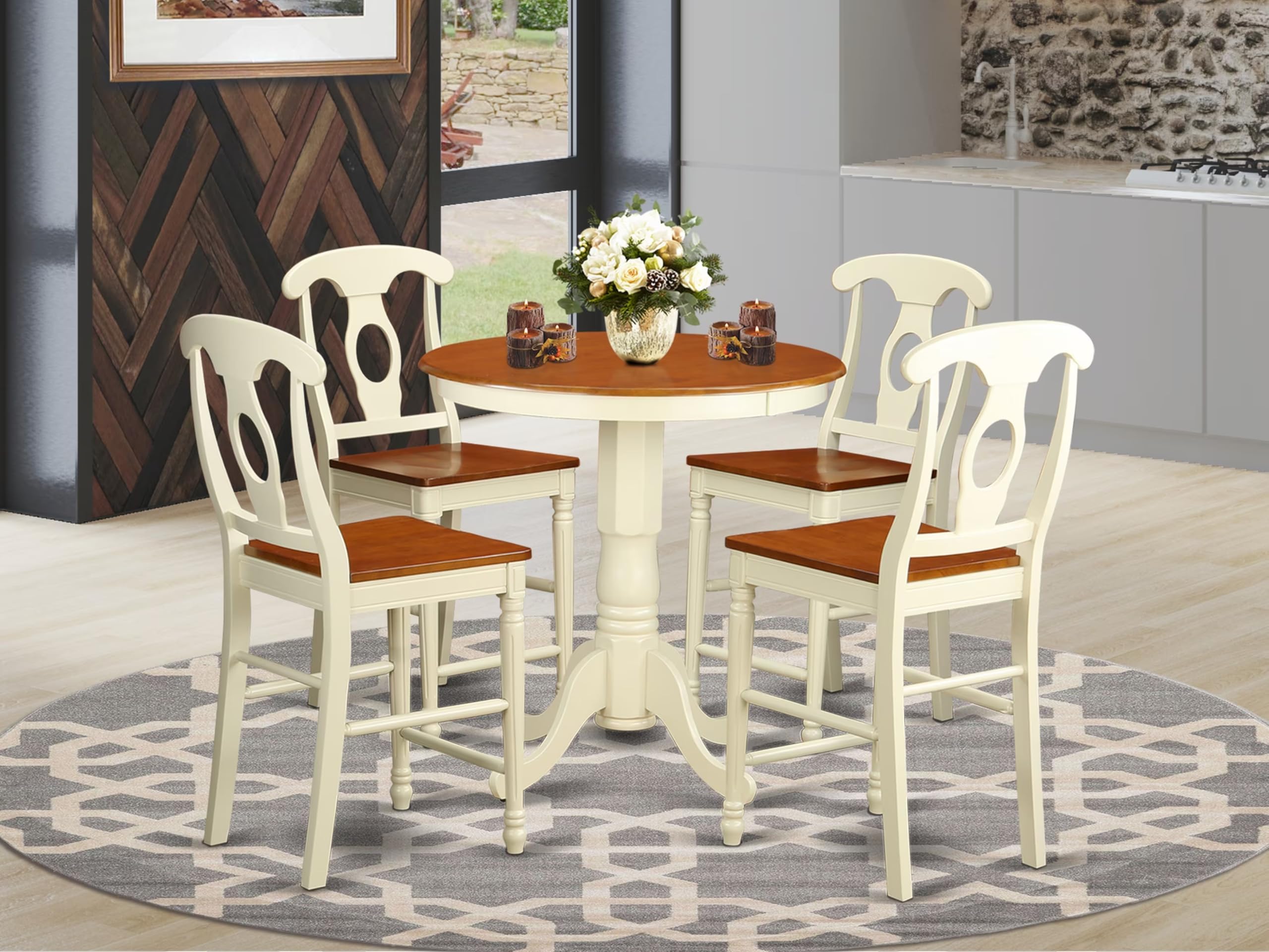 East West Furniture EDKE5-WHI-W 5 Piece Kitchen Counter Set Includes a Round Dining Room Table with Pedestal and 4 Dining Chairs, 30x30 Inch, Buttermilk & Cherry