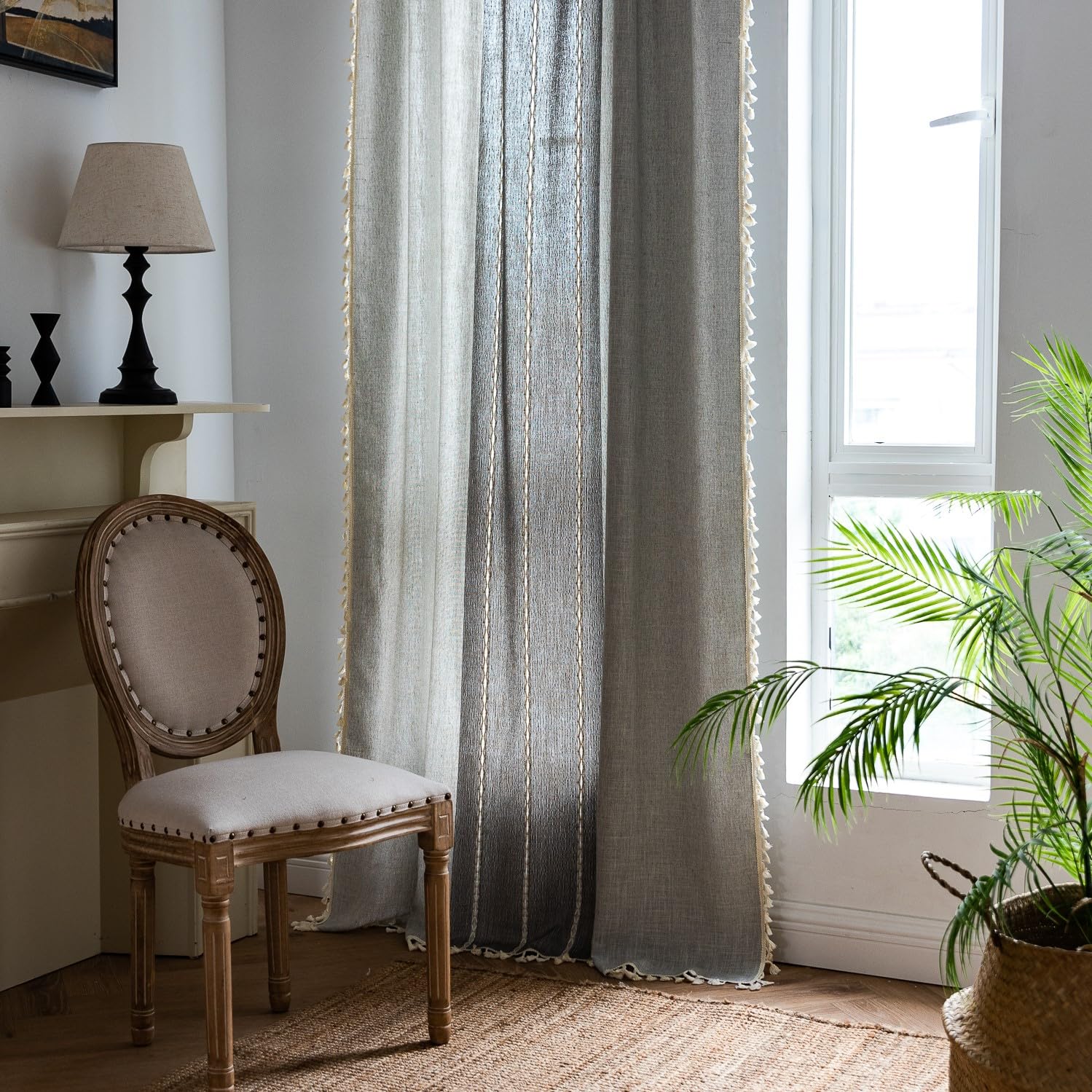 Sutuo Home Boho Curtains 108 Inch For Bedroom Living Room, Semi Blackout Linen Farmhouse Shabby Chic Tassels Window Treatment Bohemian Embroidery Drape, Rod Pocket 1 Panel 52' W X 108' L, Gray Linen