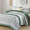 WONGS BEDDING Green Quilt Set King Size,Boho Striped Patchwork Summer Bedspread Coverlet Set,3 Pieces Microfiber Bedding Set for