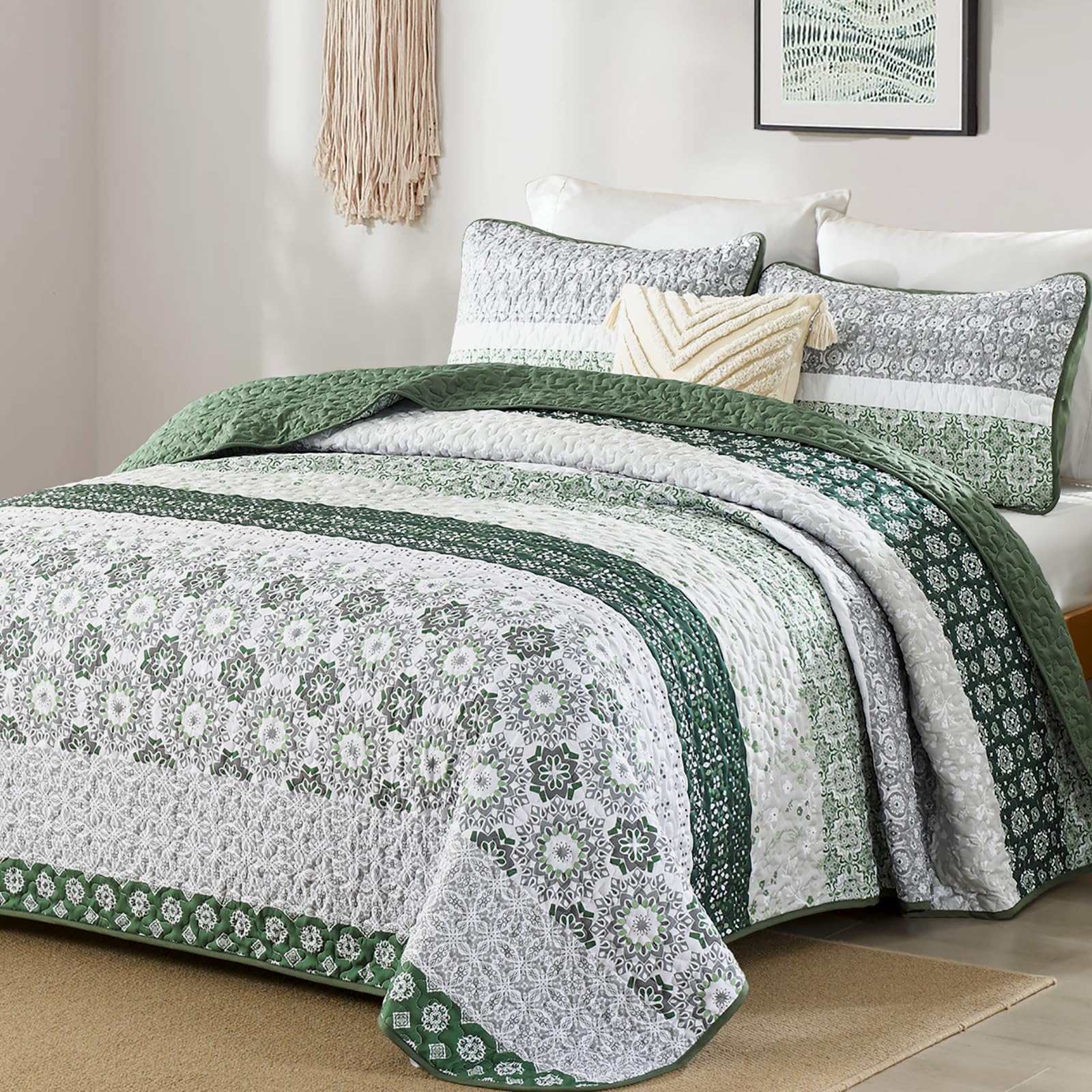 WONGS BEDDING Green Quilt Set King Size,Boho Striped Patchwork Summer Bedspread Coverlet Set,3 Pieces Microfiber Bedding Set for