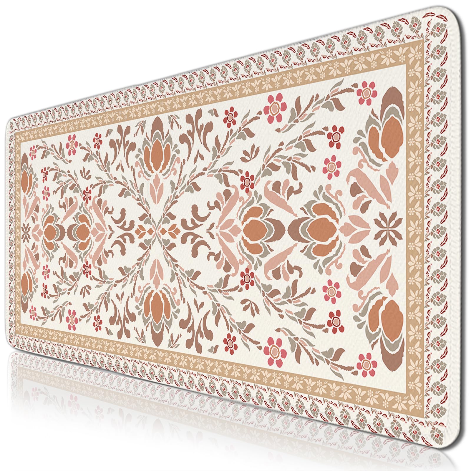 Gaming Mouse Pad, Large BohemianFloral Computer Keyboard Mousepad, Flower Mouse Mat Big Non-Slip Base Stitched Edges, Desktop De