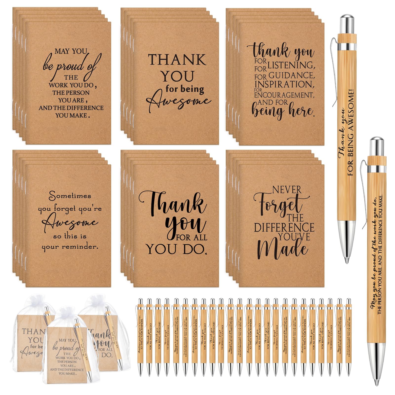 Teling 30 Sets Appreciation Gifts Include Thank You Notebooks Inspirational Bamboo Wooden Retractable Ballpoint Pen With Organza