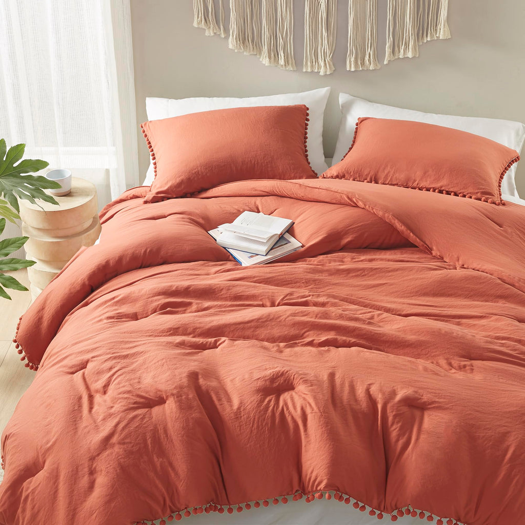 Codi Terracotta Boho King Bedding Set, Aesthetic Luxurious Pom Fringe Burnt Orange Comforter, Cute Soft Washed Microfiber Bed Se