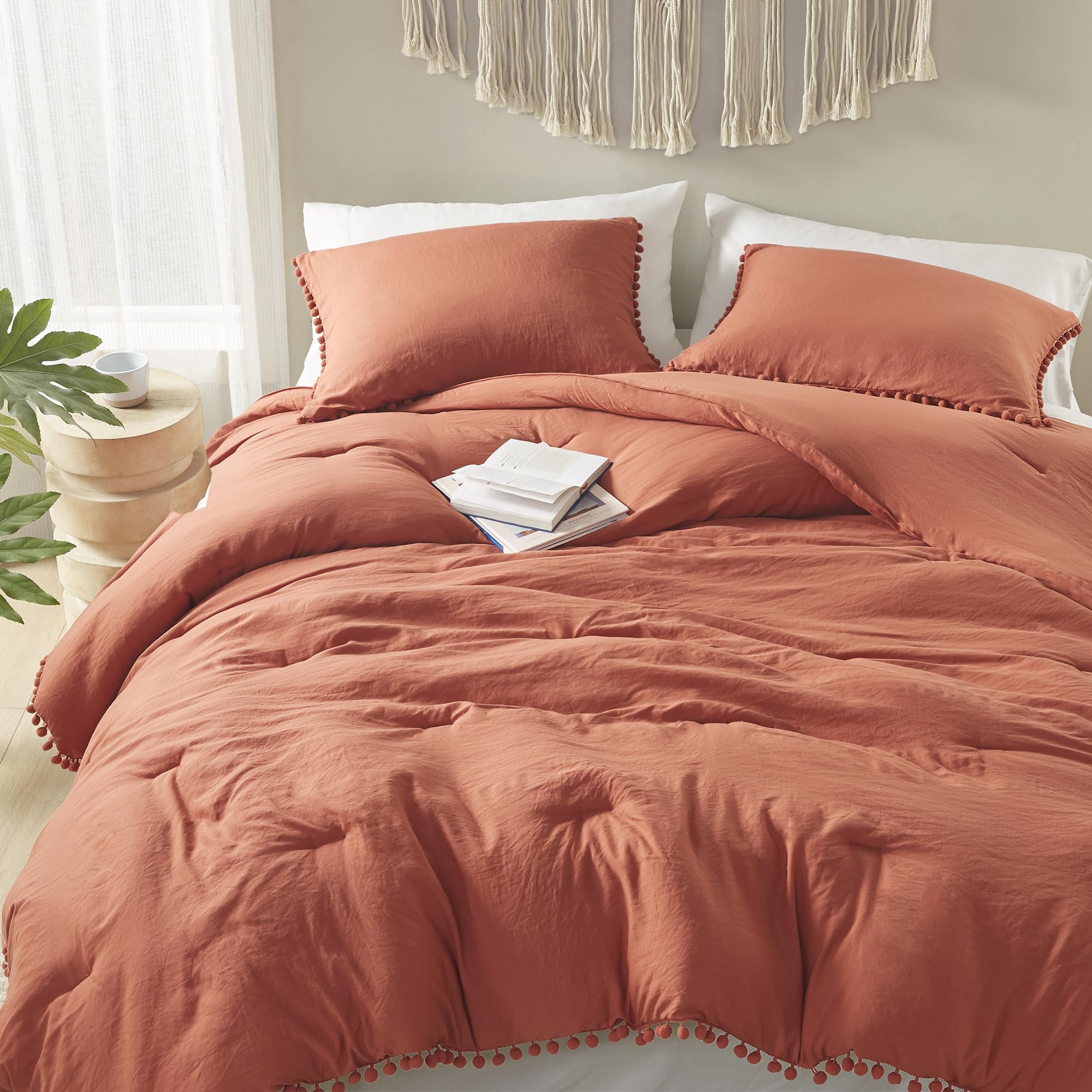 Codi Terracotta Boho King Bedding Set, Aesthetic Luxurious Pom Fringe Burnt Orange Comforter, Cute Soft Washed Microfiber Bed Se