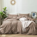 Moomee Bedding Duvet Cover Set 100% Washed Cotton Linen Like Textured Breathable Durable Soft Comfy (Brown, Super Queen)