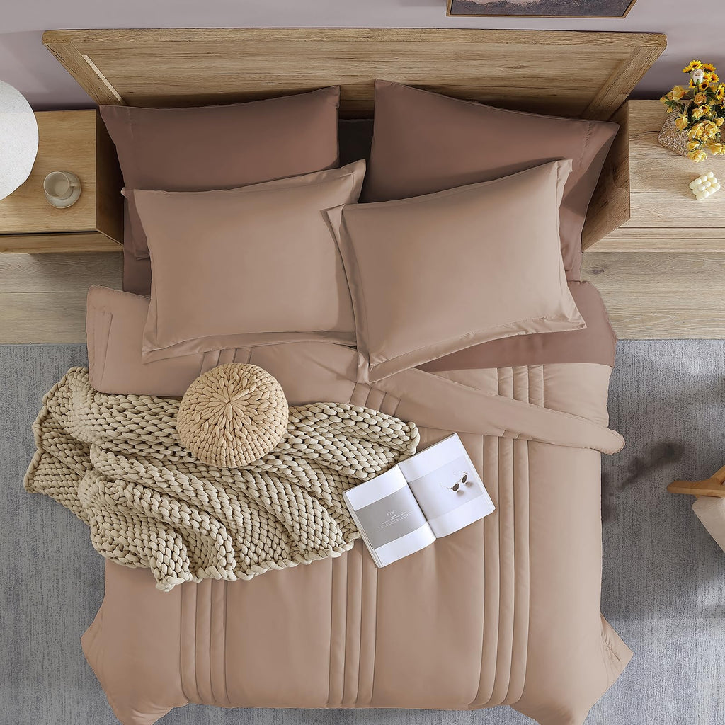 Monbix Queen Comforter Set - 7 Pieces Rust Pink Bed In A Bag Queen Bedding Sets With Comforters, All Seasons Down Alternative Co