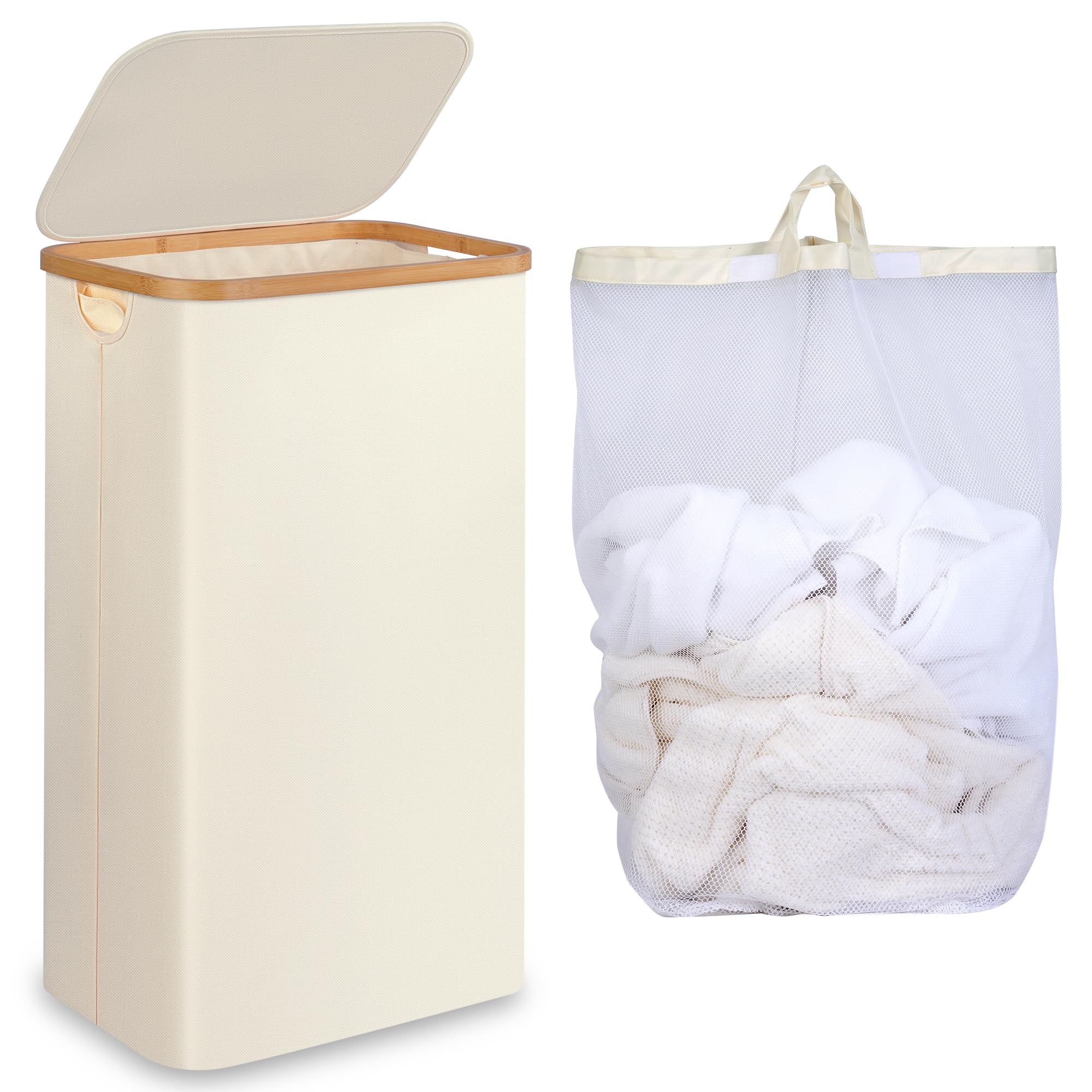 iEGrow Slim Laundry Hamper,75L Beige Narrow Laundry Basket with Lid,Foldable Clothes Hamper with Bamboo Handles,Hamper Basket wi