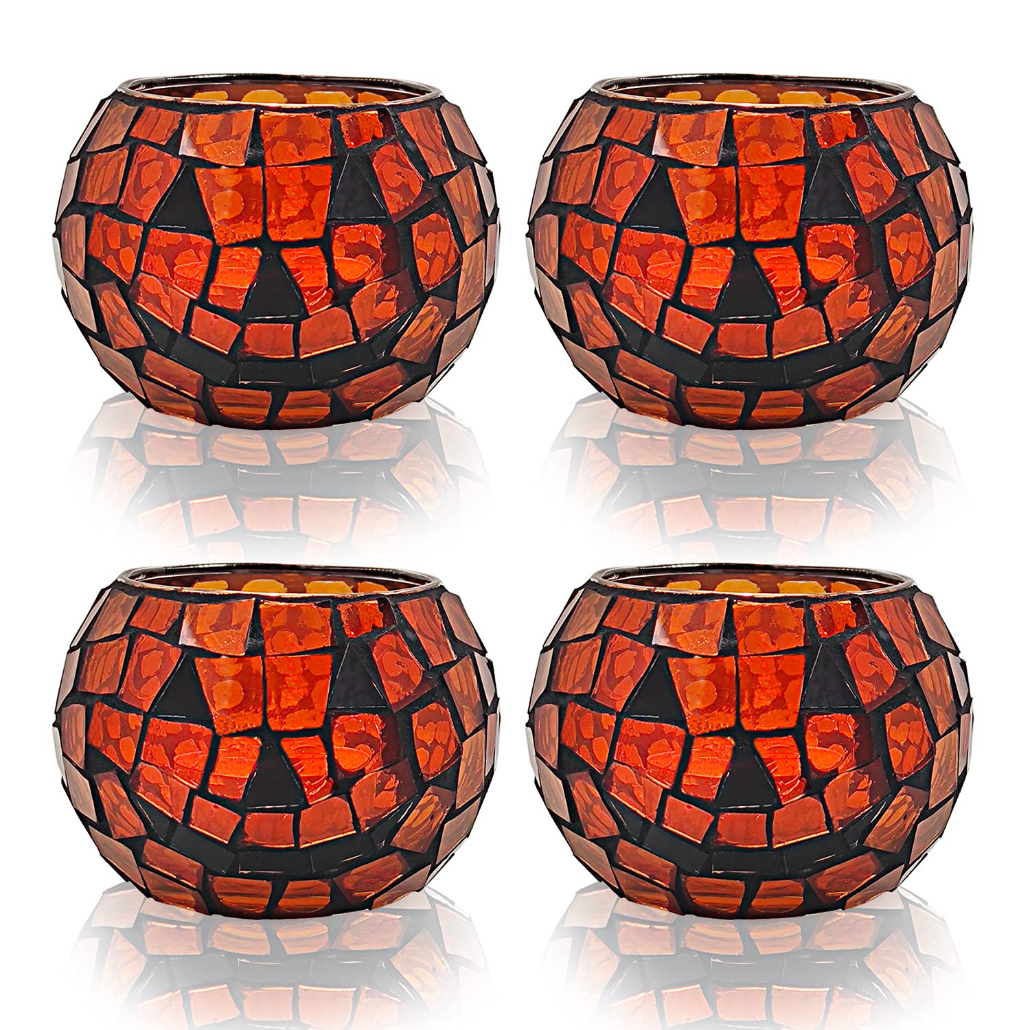 SHMILMH Halloween Candles Holder Set of 4, Grimace Tealight Holders, Handmade Mosaic Pumpkin Glass Votive Candle Holders for Hal