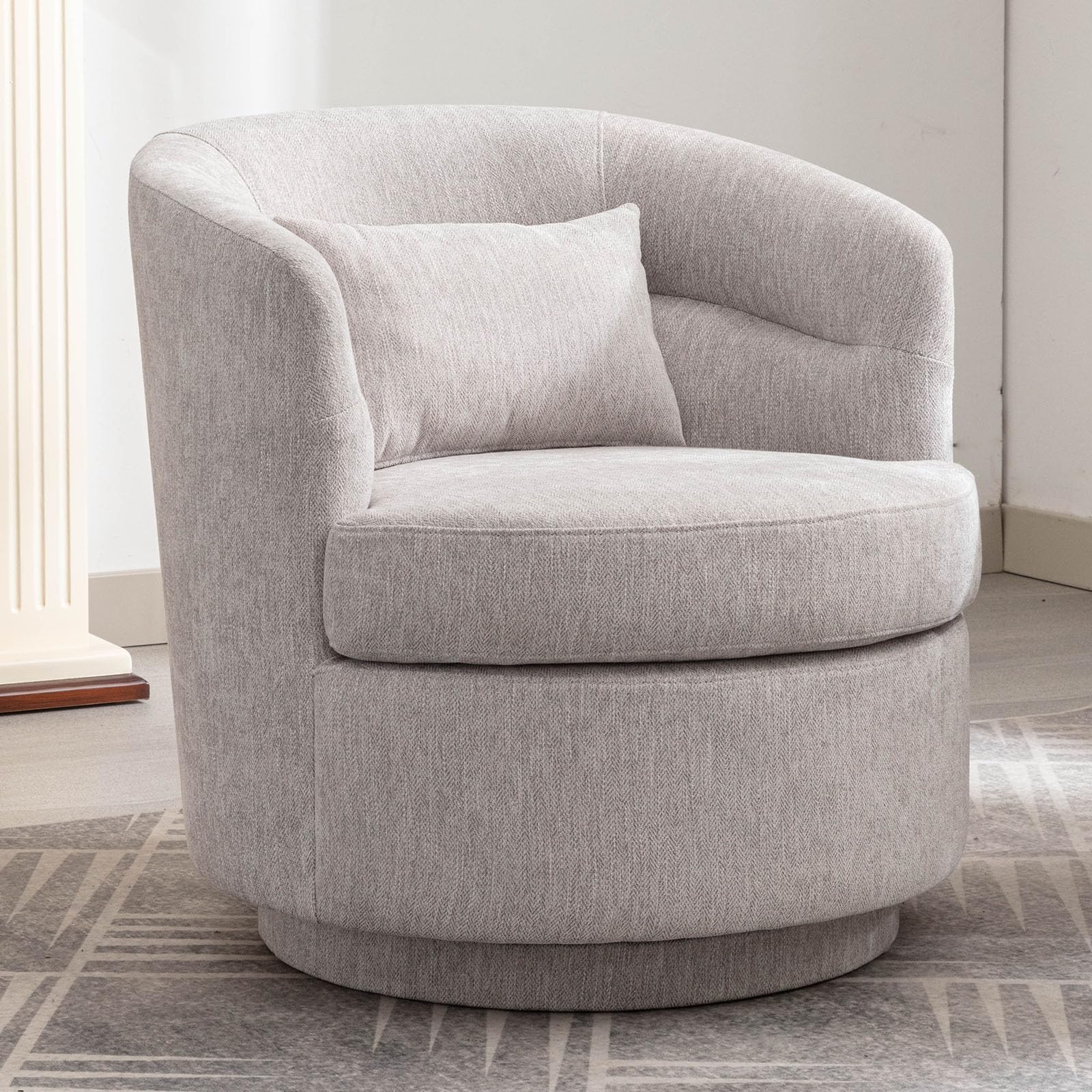Canmov Swivel Barrel Chair, Modern Round Accent Arm Chairs, Swivel Accent Chair With Pillow, Upholstered Comfy 360 Degree Swivel Single Circle Club Sofa Chair For Living Room Bedroom,Grey