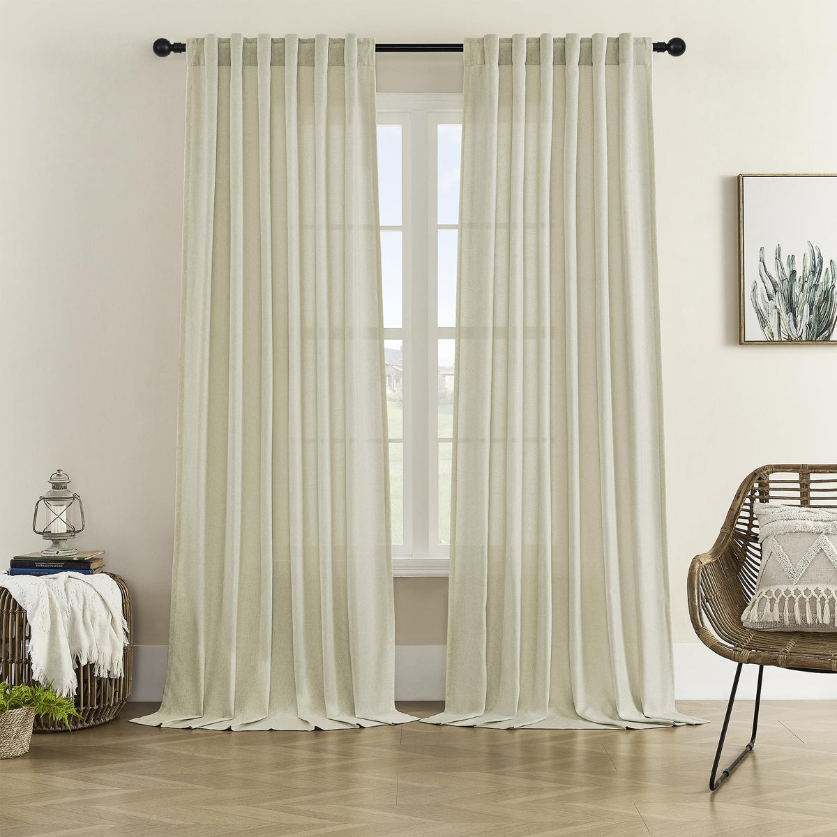 DONREN Linen Blend Back Tab Curtains Semi Sheer 50 x 90 Inch Sandshell