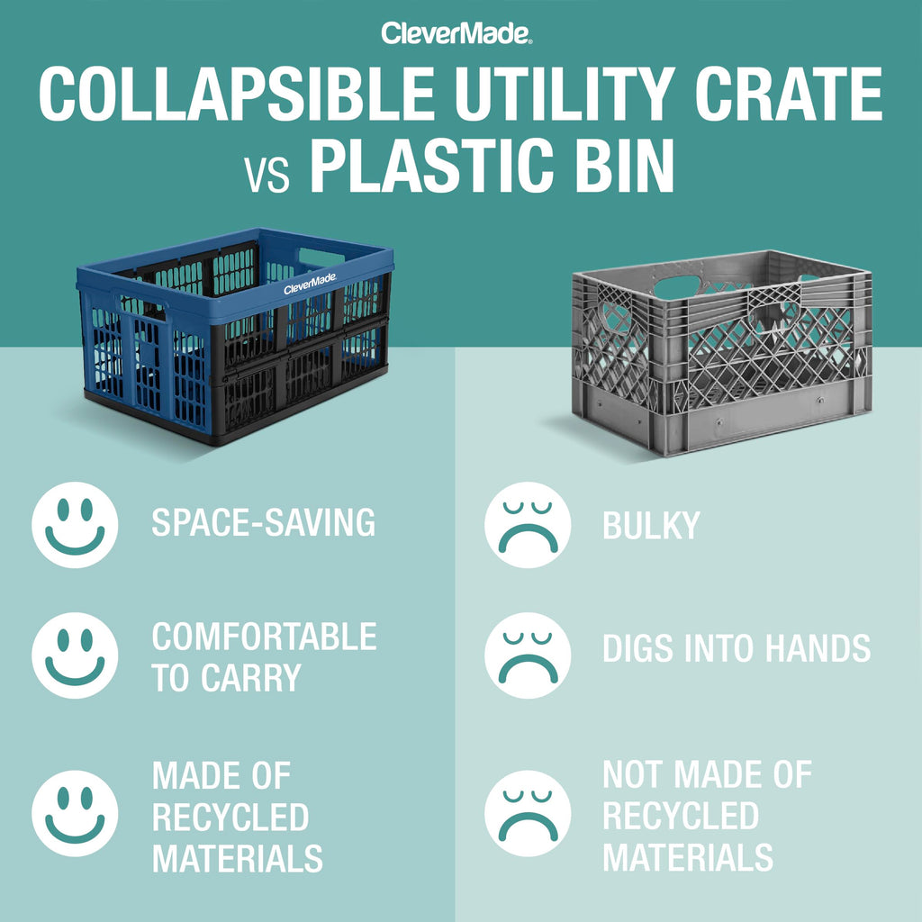 Clevermade Collapsible Utility Crate, Stone, 3Pk - 45L (11 Gal) Collapsible Storage Bins, Holds 66Lbs Per Bin - Plastic Stackabl