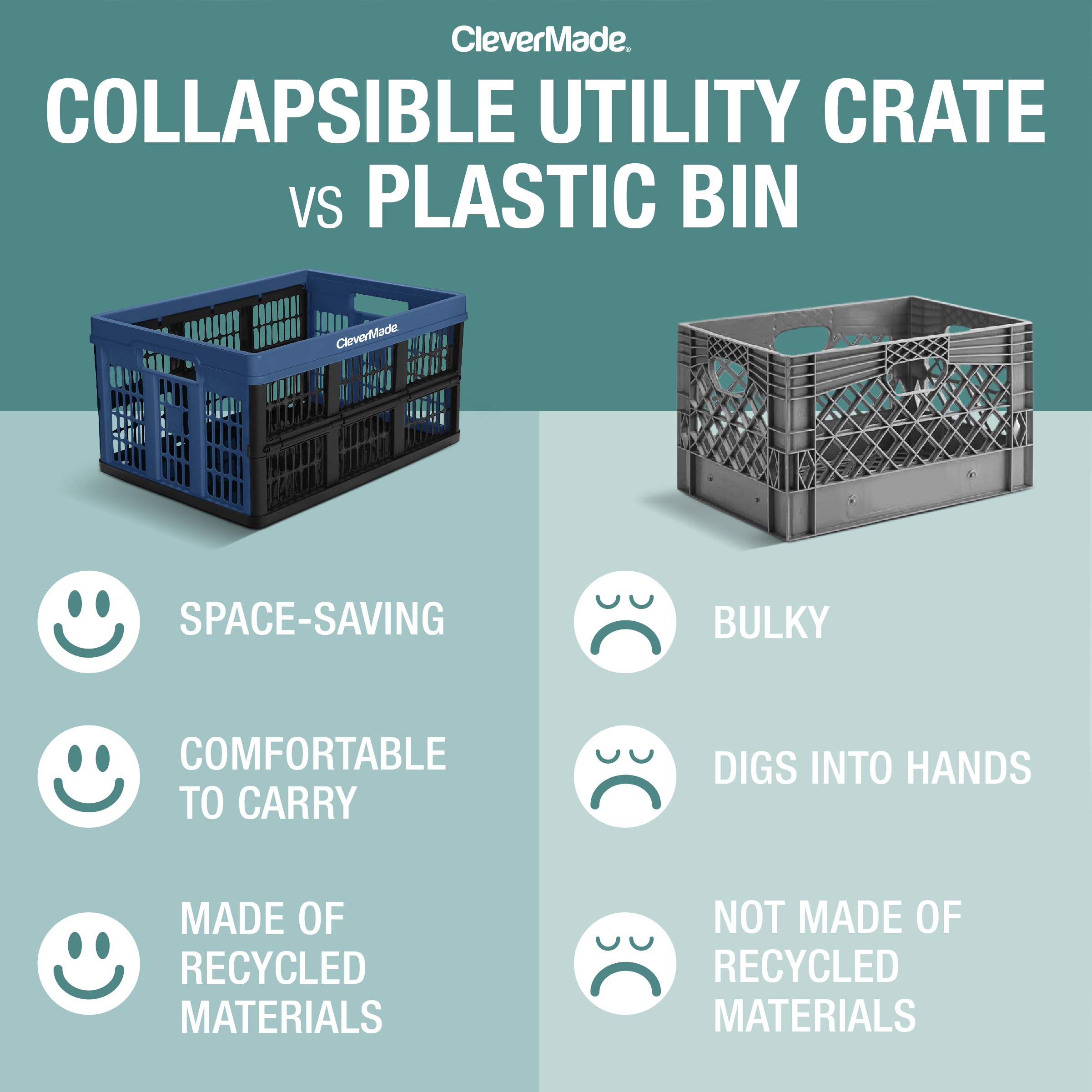 Clevermade Collapsible Utility Crate, Stone, 3Pk - 45L (11 Gal) Collapsible Storage Bins, Holds 66Lbs Per Bin - Plastic Stackabl