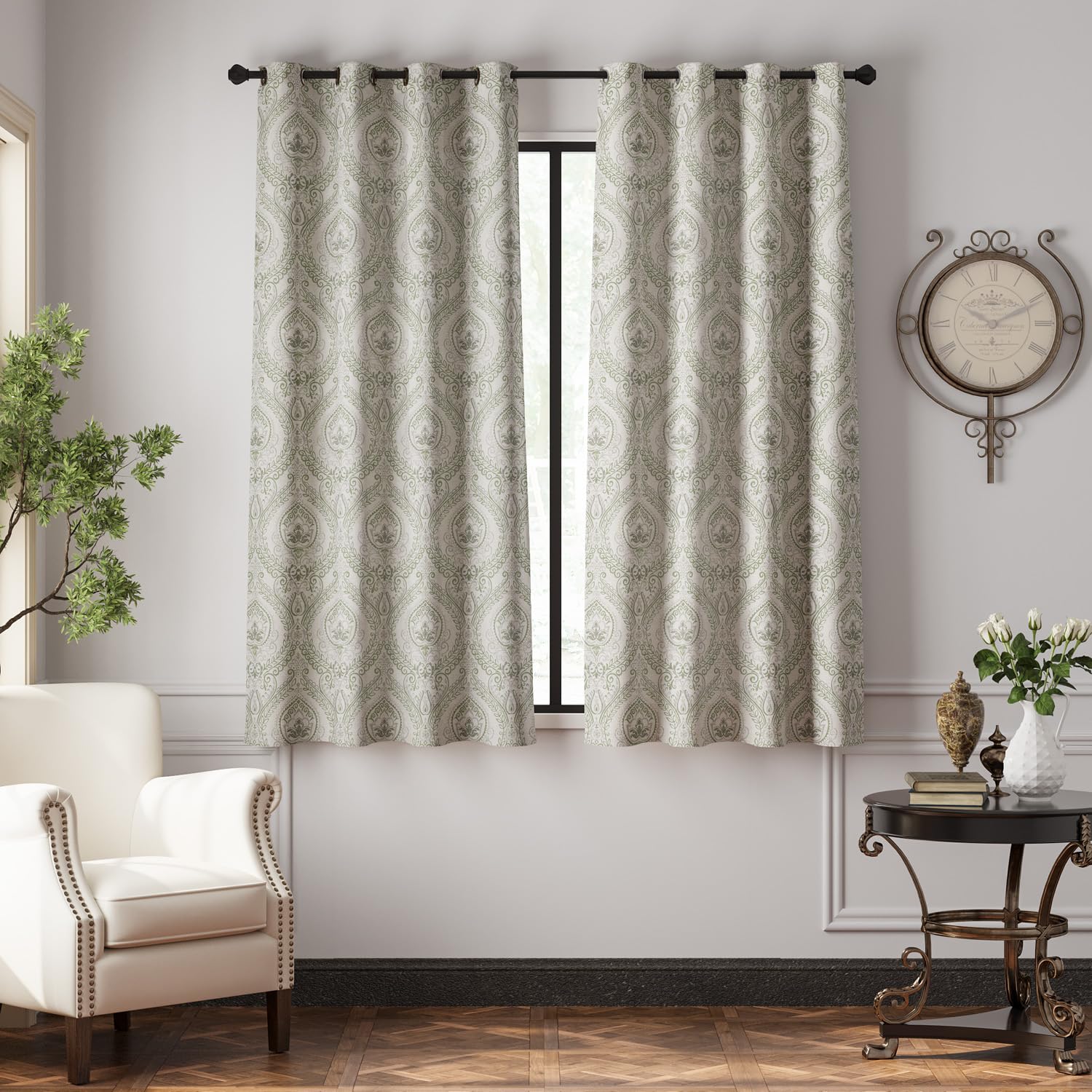 Jinchan Linen Textured Curtains For Living Room Darkening 72 Inch Length, Medallion Drapes For Bedroom, Damask Pattern Window Treatments Vintage Curtain Panels, 2 Panels Sage Green On Greige
