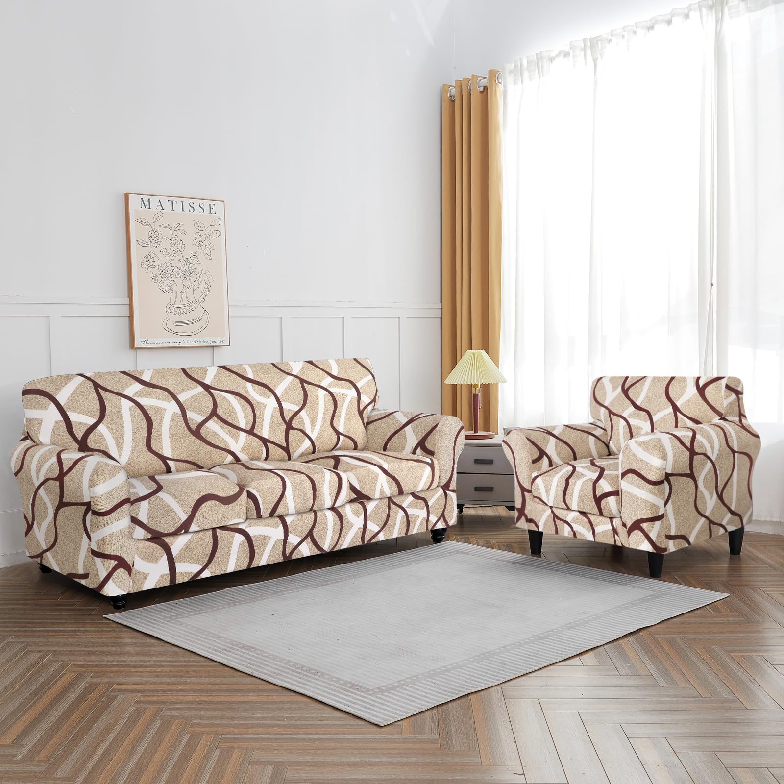 Searchi Stretch Sofa Cover Printed Couch Cover, Floral Pattern 3 Pieces Loveseat Slipcover With 2 Separate Cushion Cover, Washable Furniture Protector For Living Room(Loveseat, Khaki)