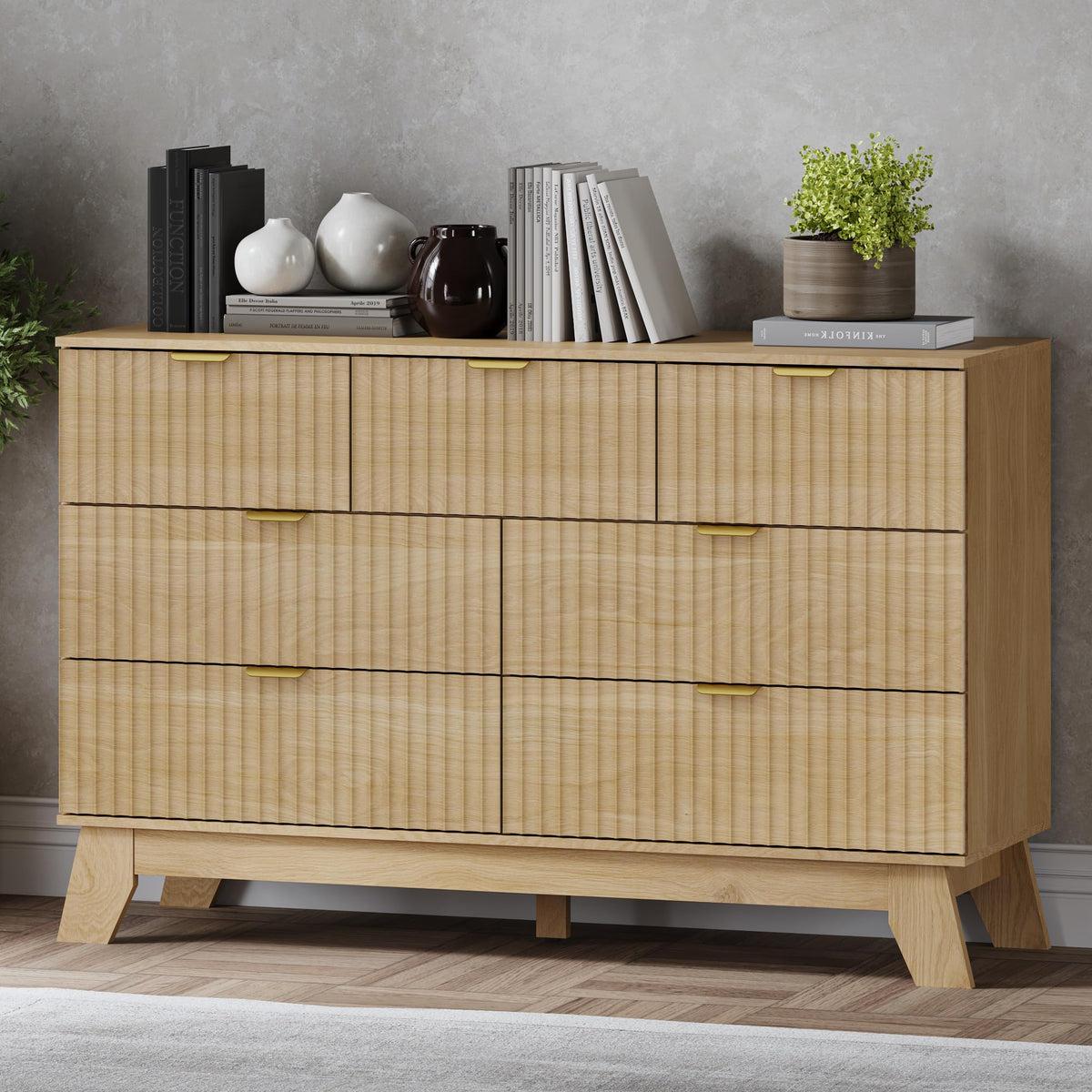 BORNOON Fluted 7 Drawer Dresser, 47.2  Wide Modern Boho Chest of Drawers, Wooden Storage Dresser TV Stand for Bedroom, Living Ro