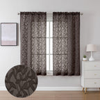 Lecloud Leia 2 Panels Sheer Chocolate Brown Curtain 54 Inch Length, Light Reducing Jacquard Textured Leaf Voile Bedroom Curtain,