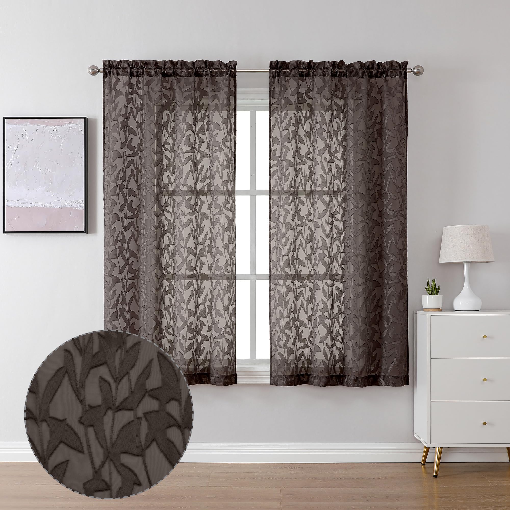Lecloud Leia 2 Panels Sheer Chocolate Brown Curtain 54 Inch Length, Light Reducing Jacquard Textured Leaf Voile Bedroom Curtain,