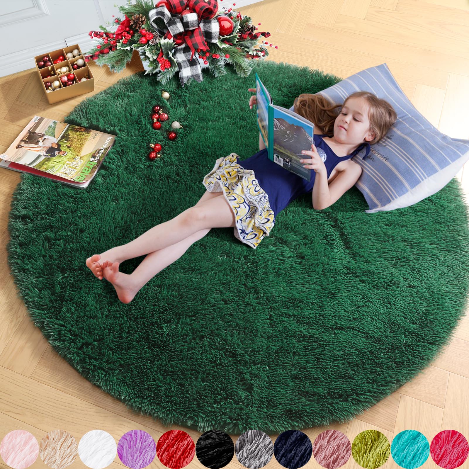 Amdrebio Deep Green Fluffy Round Rug for Bedroom, Thick Floor Circle Rug 5x5 for Kids, Teens Room Decor, Furry Shag Area Rug for