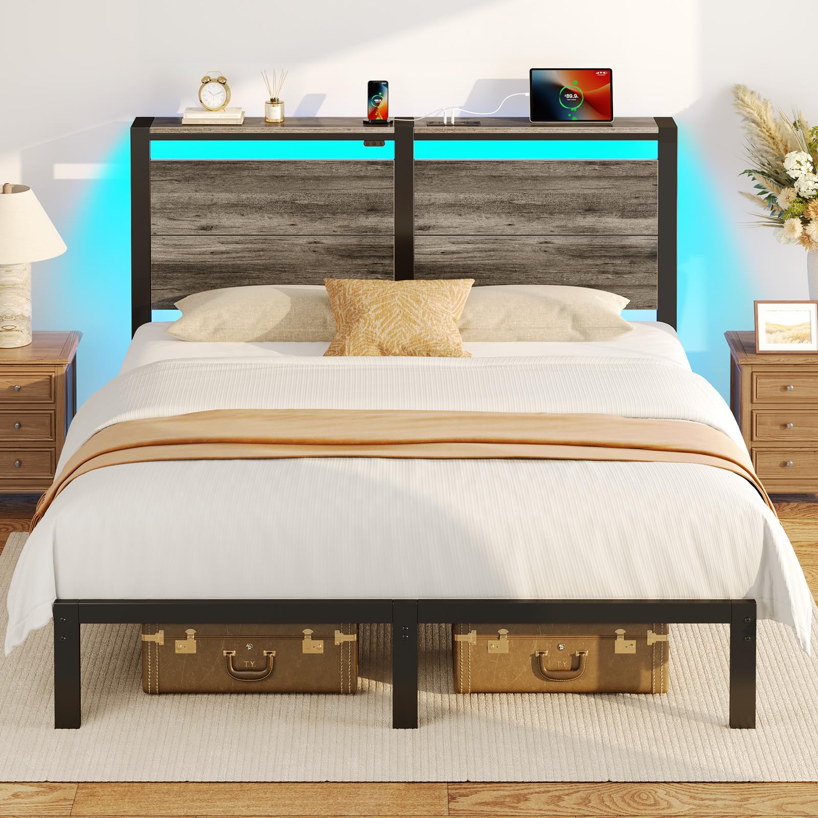 Rolanstar Queen Bed Frame with Charging Station, LED Bed Frame Queen with Wood Storage Headboard, Platform Bed with Metal Slats 