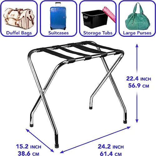 2-Tier Folding Luggage Rack, X-Shaped Steel Frame, Nylon Straps, Rubber Feet, Chrome Finish