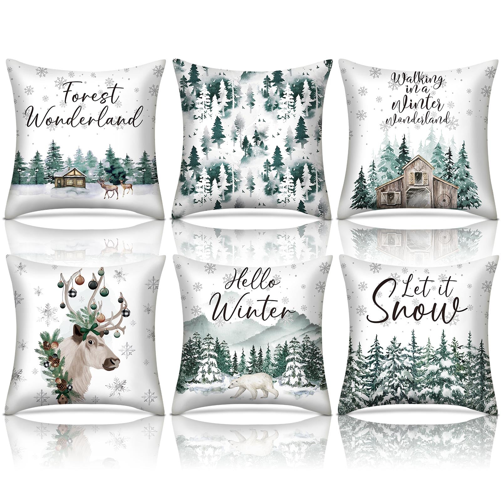 HunnmingRe Set of 6 Christmas Pillow Covers 18 x 18 Inch Winter Forest Wonderland Throw Pillow Covers Green Watercolor Holiday C