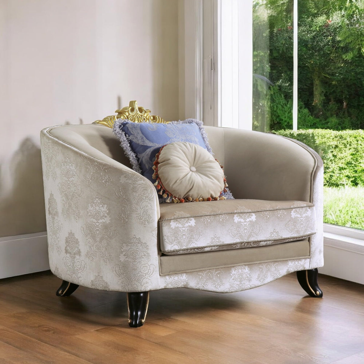 Acme Sheridan Chair with 2 Pillows in Cream Fabric
