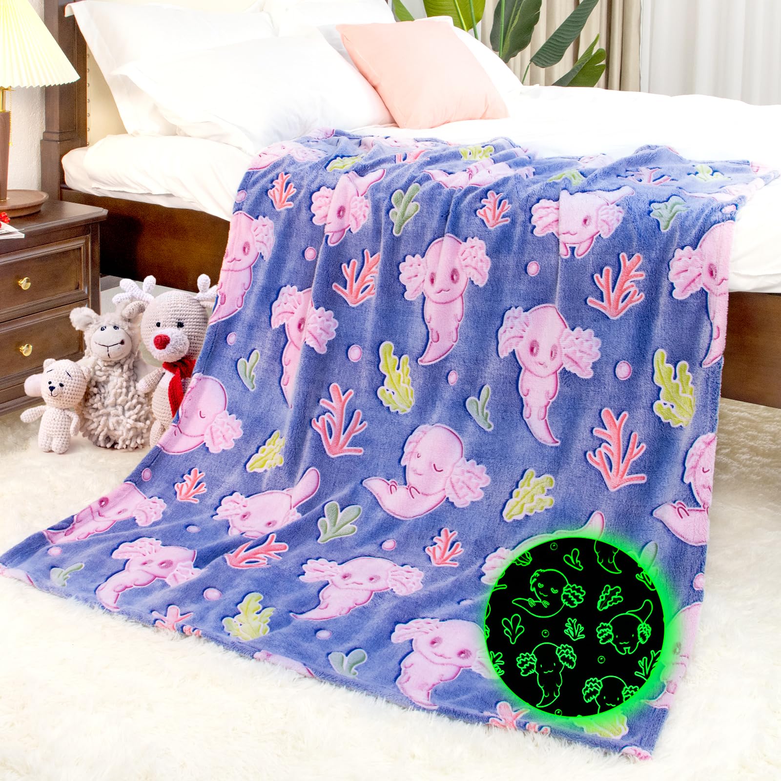 Axolotl Blanket Twin Size Glow In The Dark Animal Print Blanket Soft Cozy Salamander Fleece Bedding Blanket Axolotl Gifts Decor
