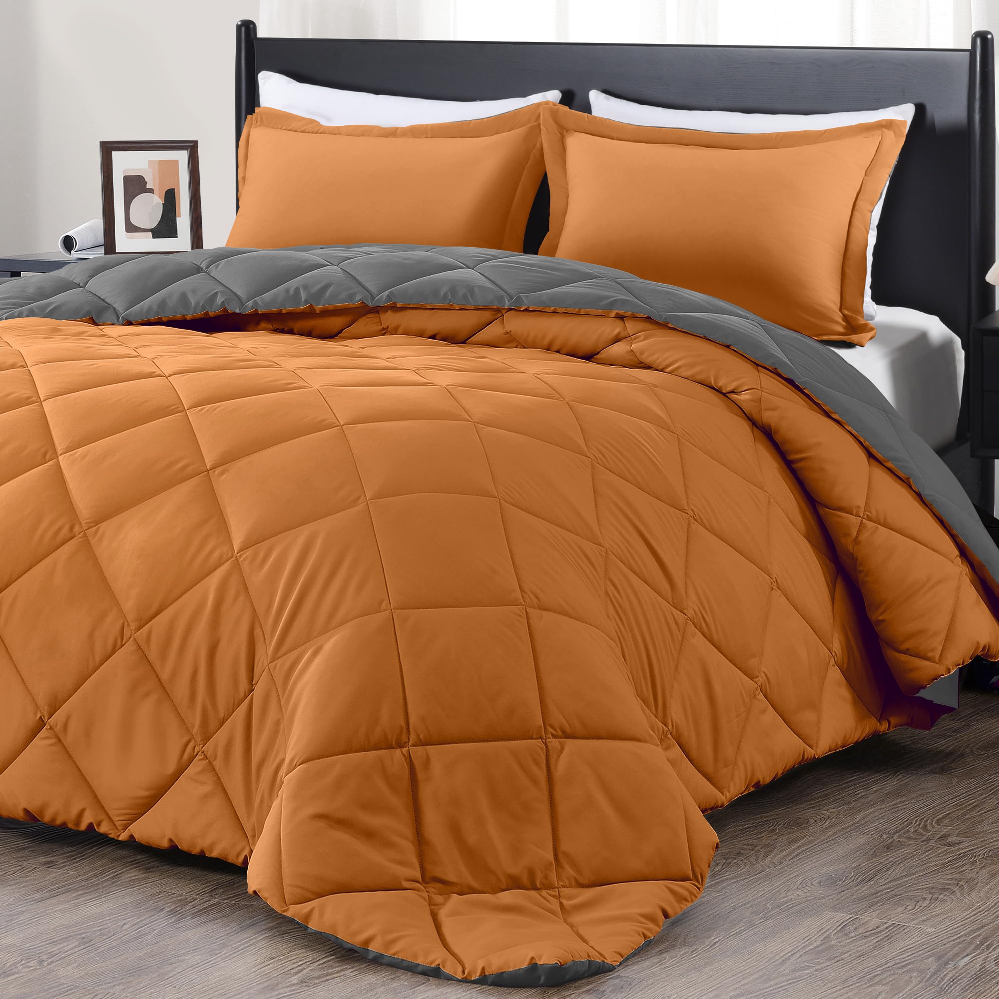 Downluxe Queen Comforter Set - Burnt Orange And Grey Queen Comforter, Soft Bedding Sets For All Seasons -3 Pieces - 1 Comforter