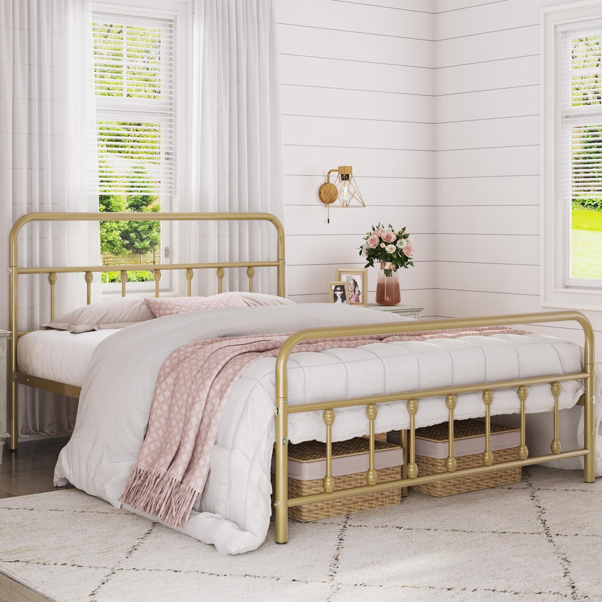 Yaheetech Classic Metal Platform Bed Frame Mattress Foundation With Victorian Style Iron-Art Headboard/Footboard/Under Bed Storage No Box Spring Needed Full Size Antique Gold